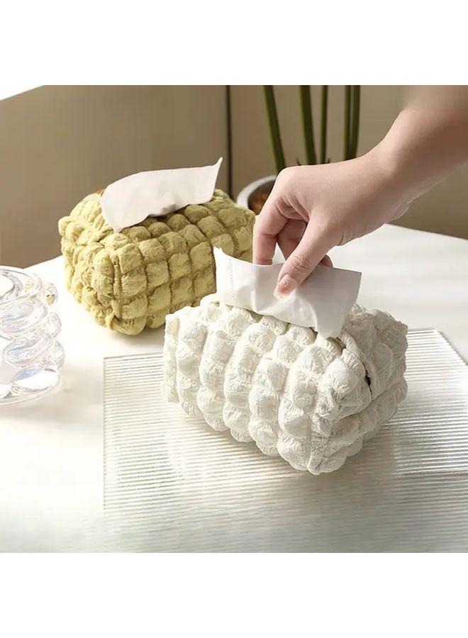 حامل علبة المناديل ذو النسيج الفقاعي المزدوج الطبقات الأصفر مع رباط، ناعم وأنيق لإكسسوارات المكتب - Image 1